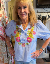 Load image into Gallery viewer, Sammy Blue and White stripe with floral embrodery and puff sleeve