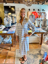 Load image into Gallery viewer, Randall Blue and White Geo print button down Midi Dress