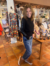 Load image into Gallery viewer, Ebony Black Crew Neck Sweater with Faux Leather Striped Sleeve