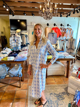 Load image into Gallery viewer, Randall Blue and White Geo print button down Midi Dress