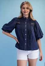 Load image into Gallery viewer, Mandy button Down Lace Appliqué Blouse with Full Elbow Sleeve