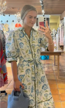 Load image into Gallery viewer, Heather Short Sleeve Green and Blue Floral Pattern Dress with Tie wast