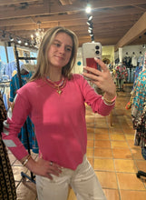 Load image into Gallery viewer, Bubblegum Pink crew neck sweater with Brown and Grey Color block Sleeves