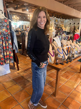 Load image into Gallery viewer, Ebony Black Crew Neck Sweater with Faux Leather Striped Sleeve