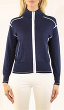 Load image into Gallery viewer, Connie Zip Sweater with Pockets trimmed in Humid Blue and in Navy