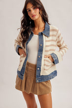 Load image into Gallery viewer, Shelley Navy or Taupe Striped knit Sweater jacket with Denim Trim