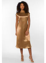 Load image into Gallery viewer, Evelyn Satin Short Sleeve Midi Dress in Copper and Black