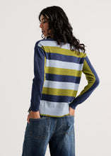 Load image into Gallery viewer, Lizzy V Neck Chambray, Blue and Olive Color Block with Striped back Sweater