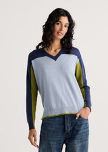 Load image into Gallery viewer, Lizzy V Neck Chambray, Blue and Olive Color Block with Striped back Sweater