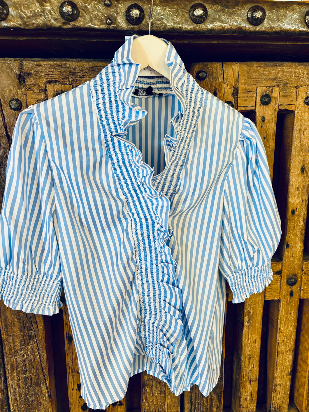 Linear Light Blue and White Stripe Top with Gathered 3/4 Sleeve