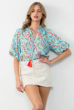 Load image into Gallery viewer, Lorraine Floral Print Puff Sleeve Top with Pink Tassle
