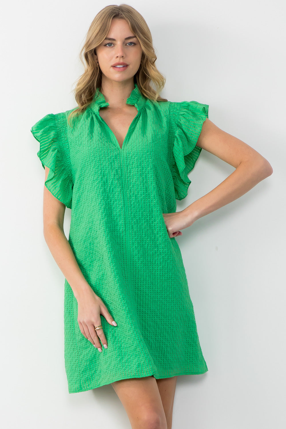 Gabriela Ruffle Sleve Textured Green Dress