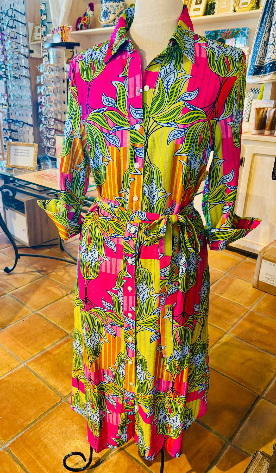 Tropicana Neon Pink Leaf Pattern Button Down Dress with 3/4 Sleeve