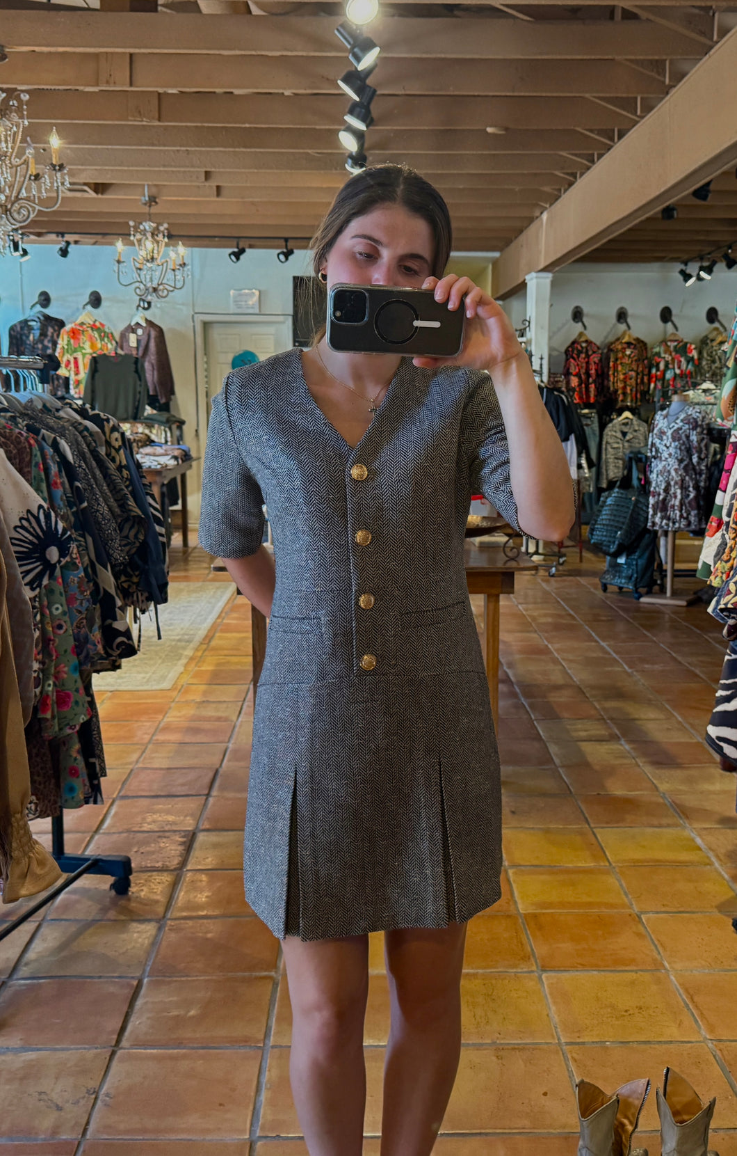 Darla Pleated Dress with Gold Buttons and 3/4 Sleeves