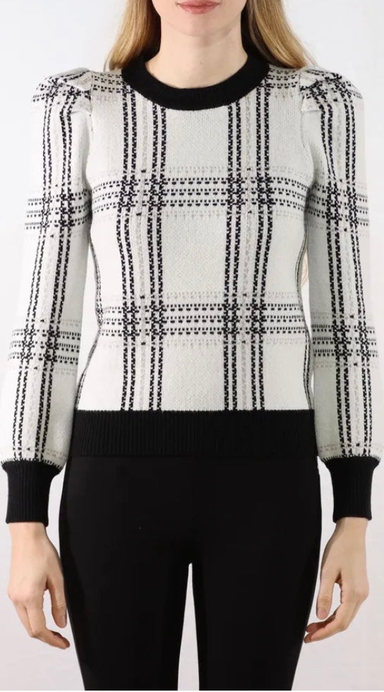 Carmen Crew Neck Black and White Plaid Patterned Sweater