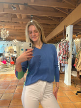 Load image into Gallery viewer, Chandler Blue V Neck Sweater with Lime green and Pink accents
