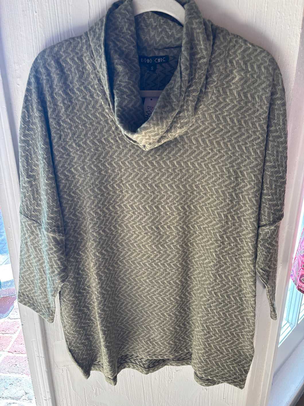 Ziggy Olive Flame stitch pattern button Back Cowl Neck Tunic Top