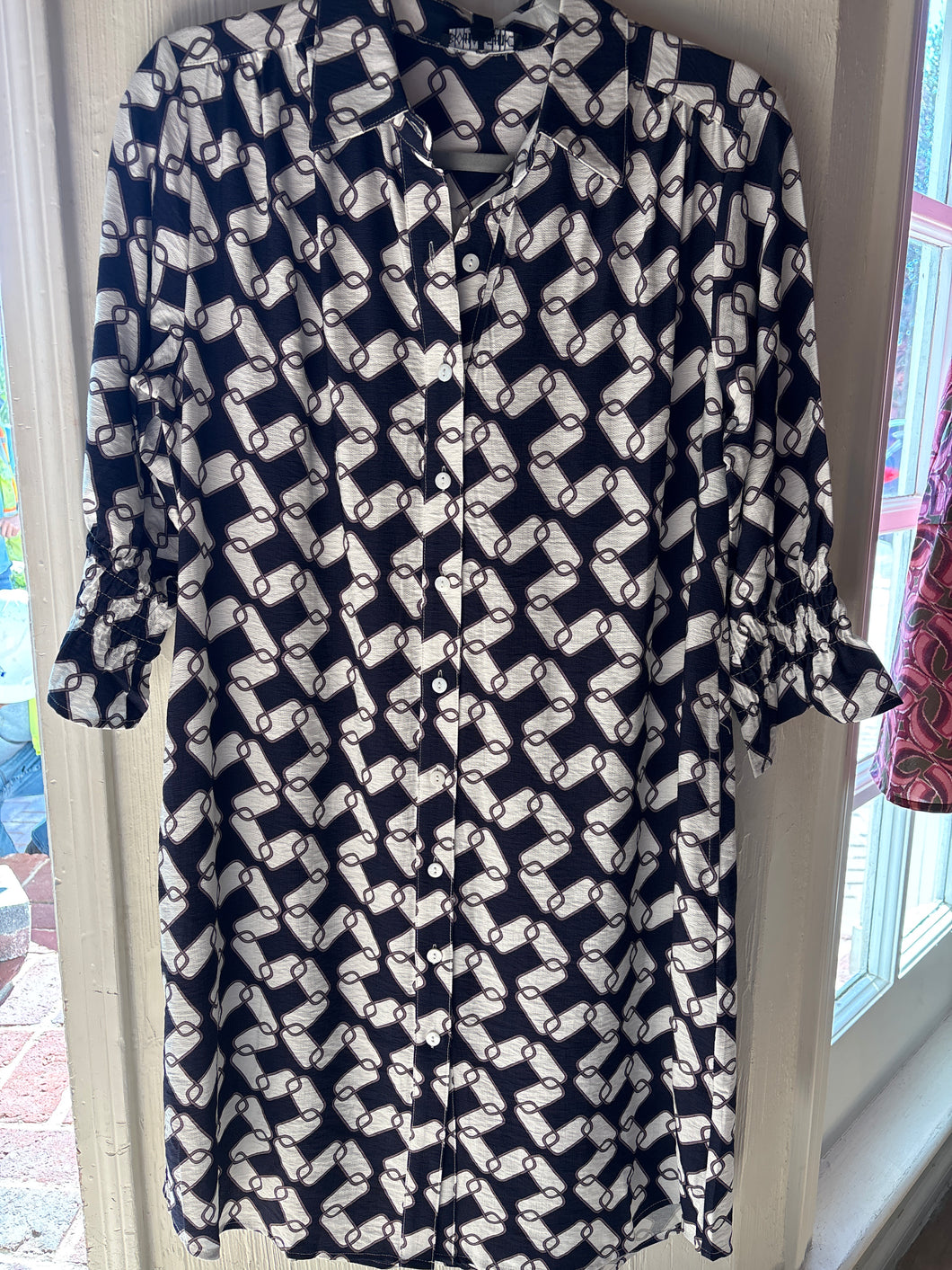 Shirley Navy and White Pattern Button Down Dress