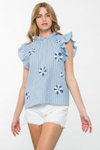 Load image into Gallery viewer, Fran Blue and White Stripe ruffle Sleeve top with Embroidered Flowers
