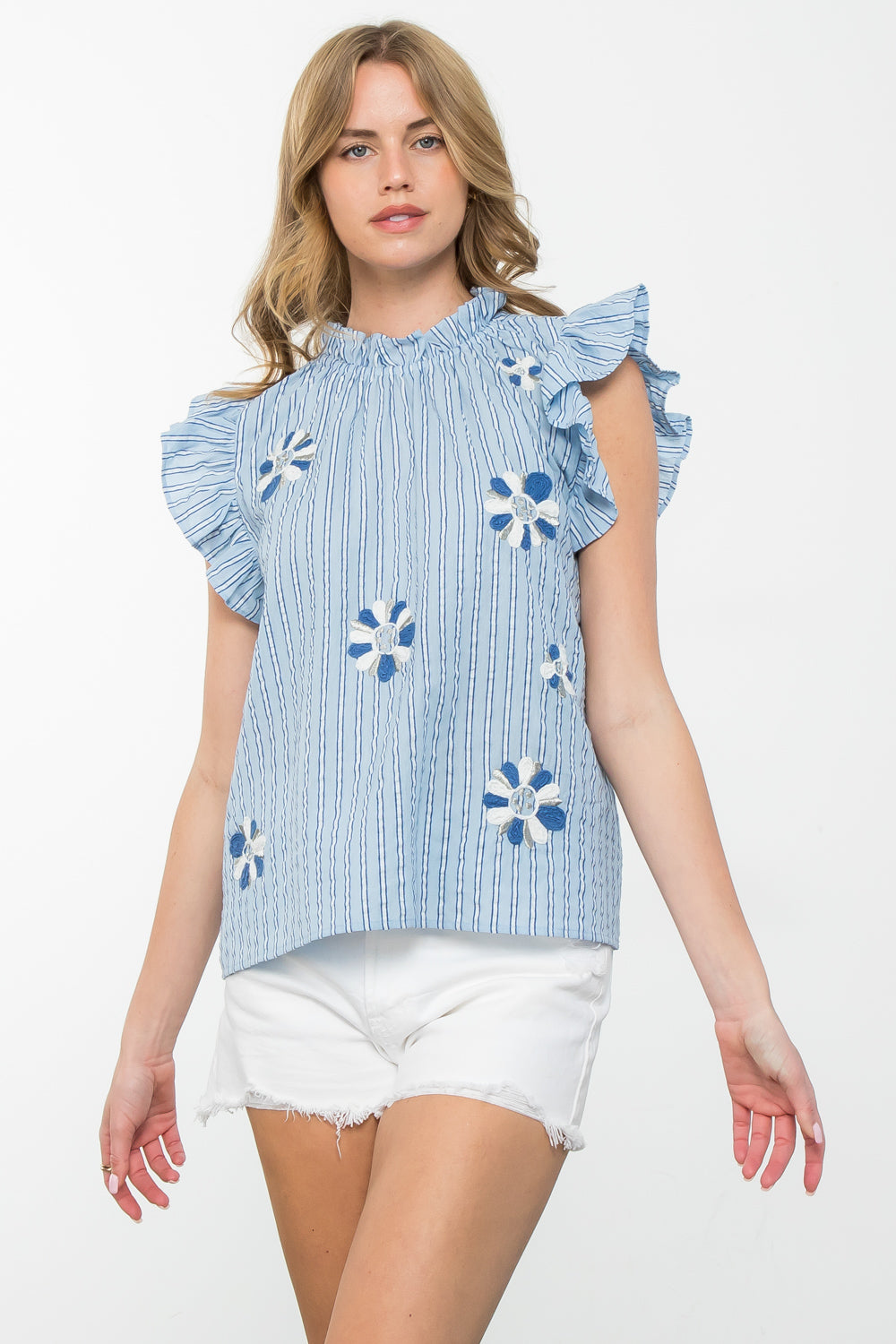 Fran Blue and White Stripe ruffle Sleeve top with Embroidered Flowers