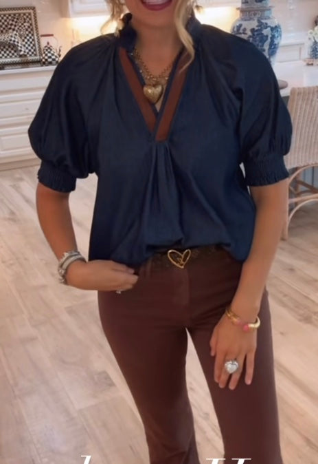 Becky Denim Top with Tan Faux Suede Trim