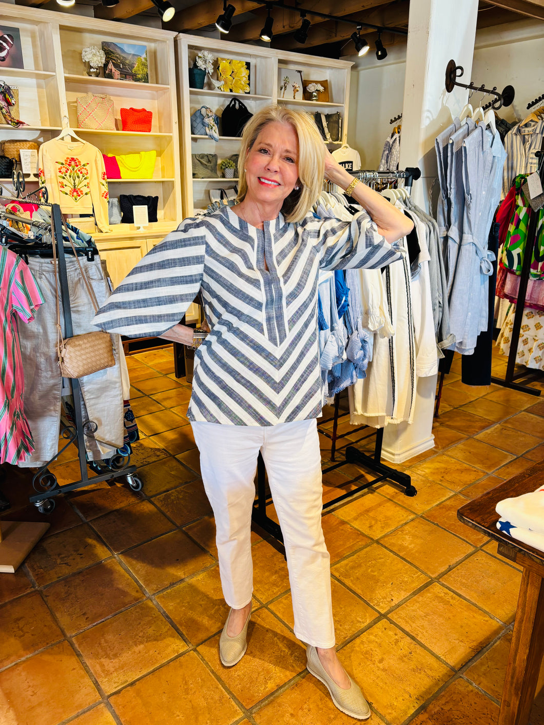 Tyler Navy and White Stripe Puff Sleeve V NeckTop