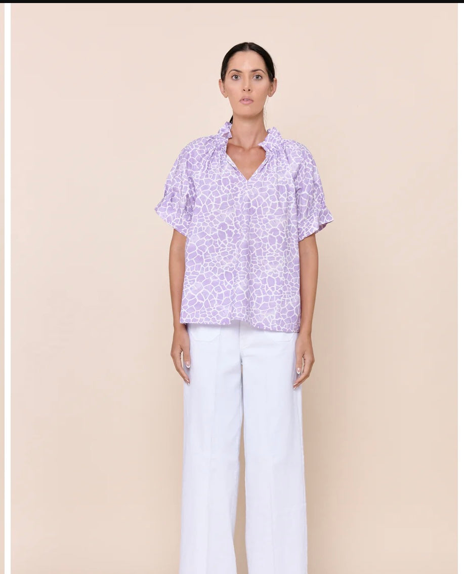 Blake Puff Sleeve Ruffle V Neck Top in Freesia or Cerulean Giraffe Print