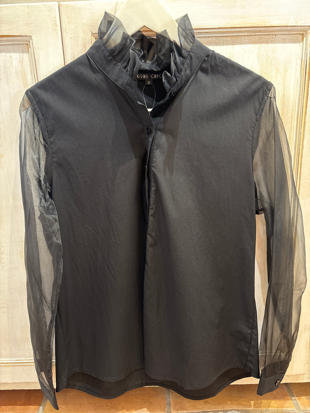 Harlow Black Button Down Blouse with Sheer Sleeves and Ruffle Neck