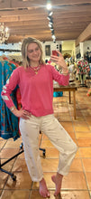 Load image into Gallery viewer, Bubblegum Pink crew neck sweater with Brown and Grey Color block Sleeves
