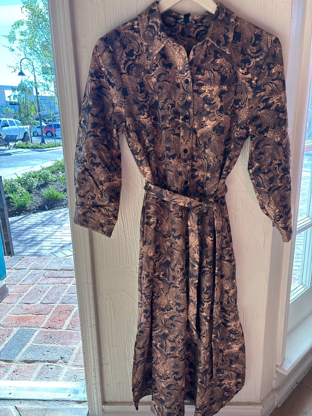 McCall Brown and Black Paisley Faux Suede Shirt Dress