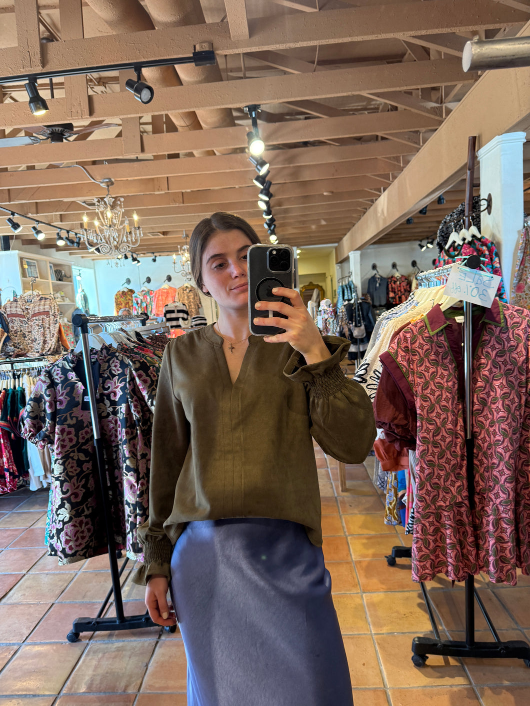 Claire Olive Faux Suede V Neck Long Sleeve Top