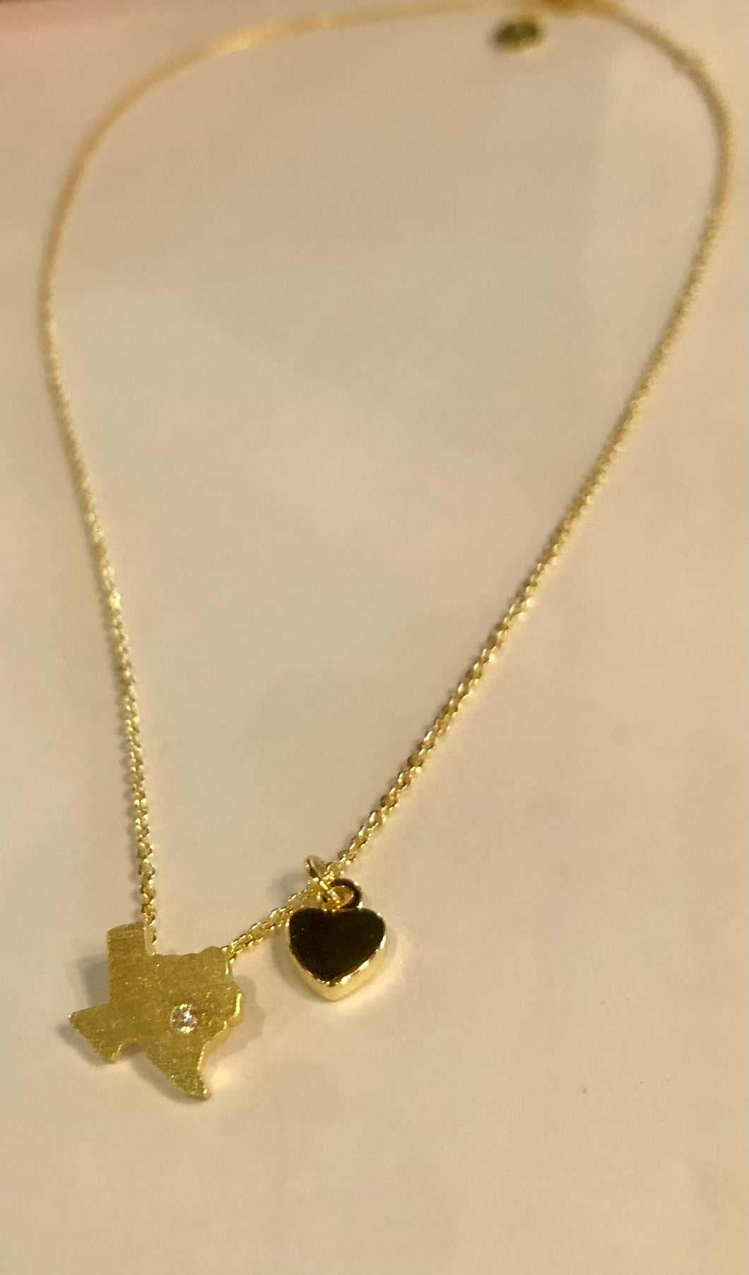 Texas Gold Charm 17” Necklace with CZ Dallas star and Gold Heart