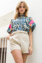 Load image into Gallery viewer, 🚨 Restock next week!  Call us to save one!  Blanche Steel Blue Patterned Top with Embroidered Puff Sleeves
