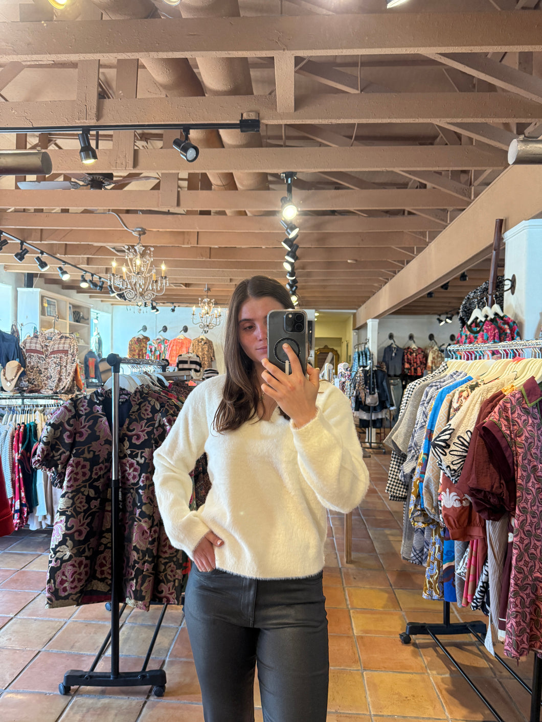 Revel V Neck Fluffy Ivory Sweater