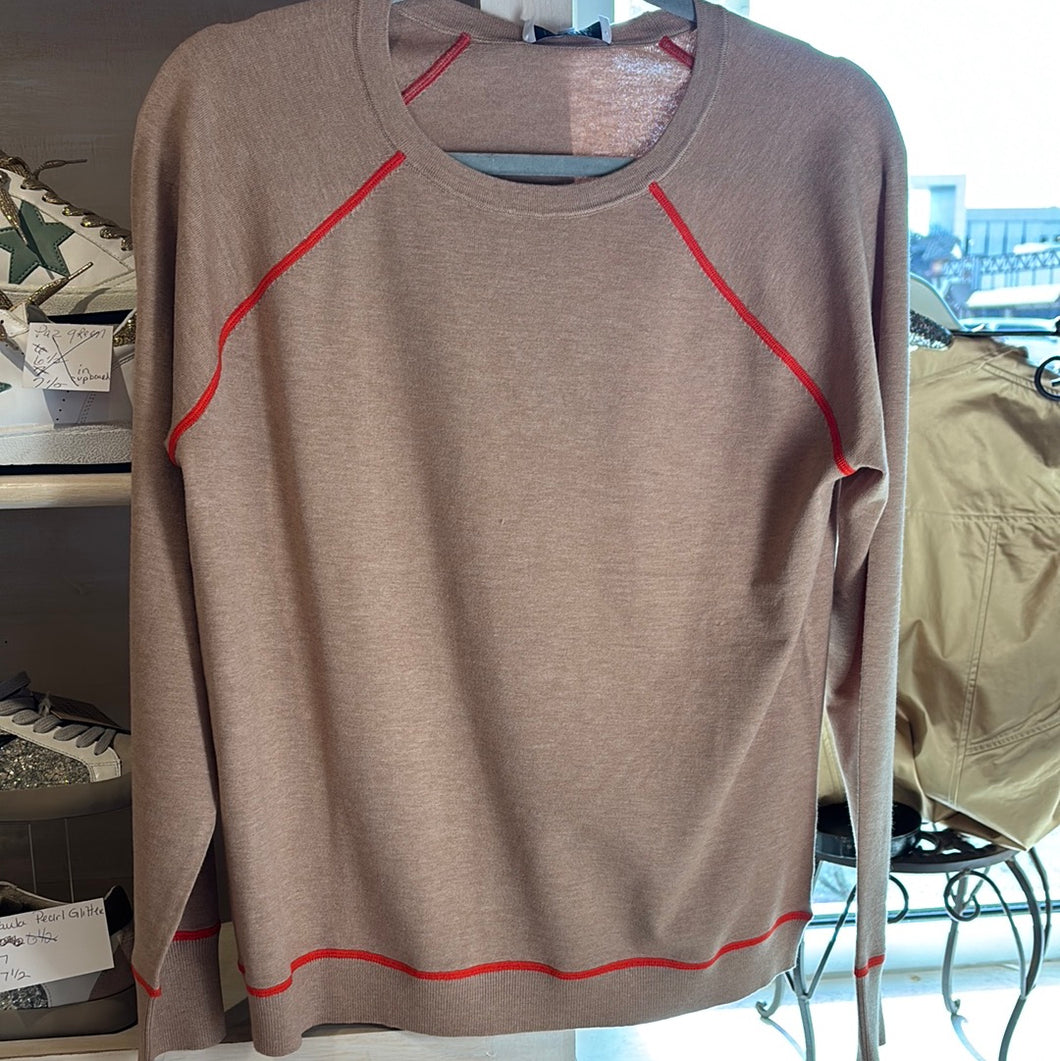 Allison Camel Crew Neck Sweater with Orange Stripe