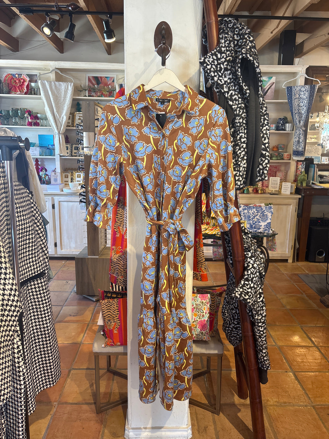 Dorian Brown and Blue Faux Suede Floral Button Down Dress with Ruffle Bottom