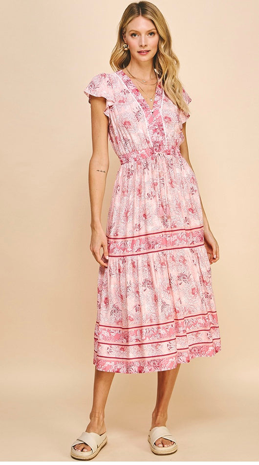 Lacie Pink and White Patterned Tiered Dress