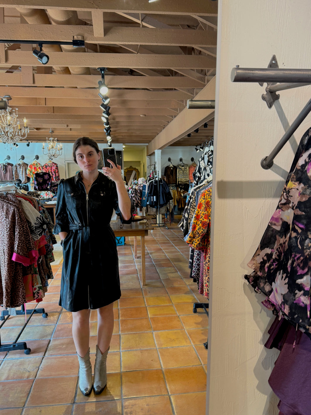 Randall Black Faux Leather dress with Tie and Zipper Front