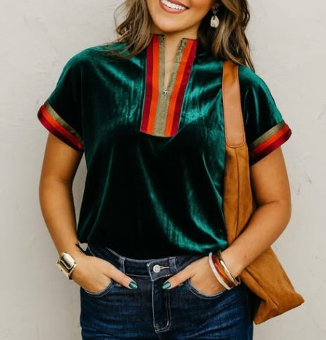 Valerie Dark Green Velvetine Zip Top with Striped Trimmed Sleeves