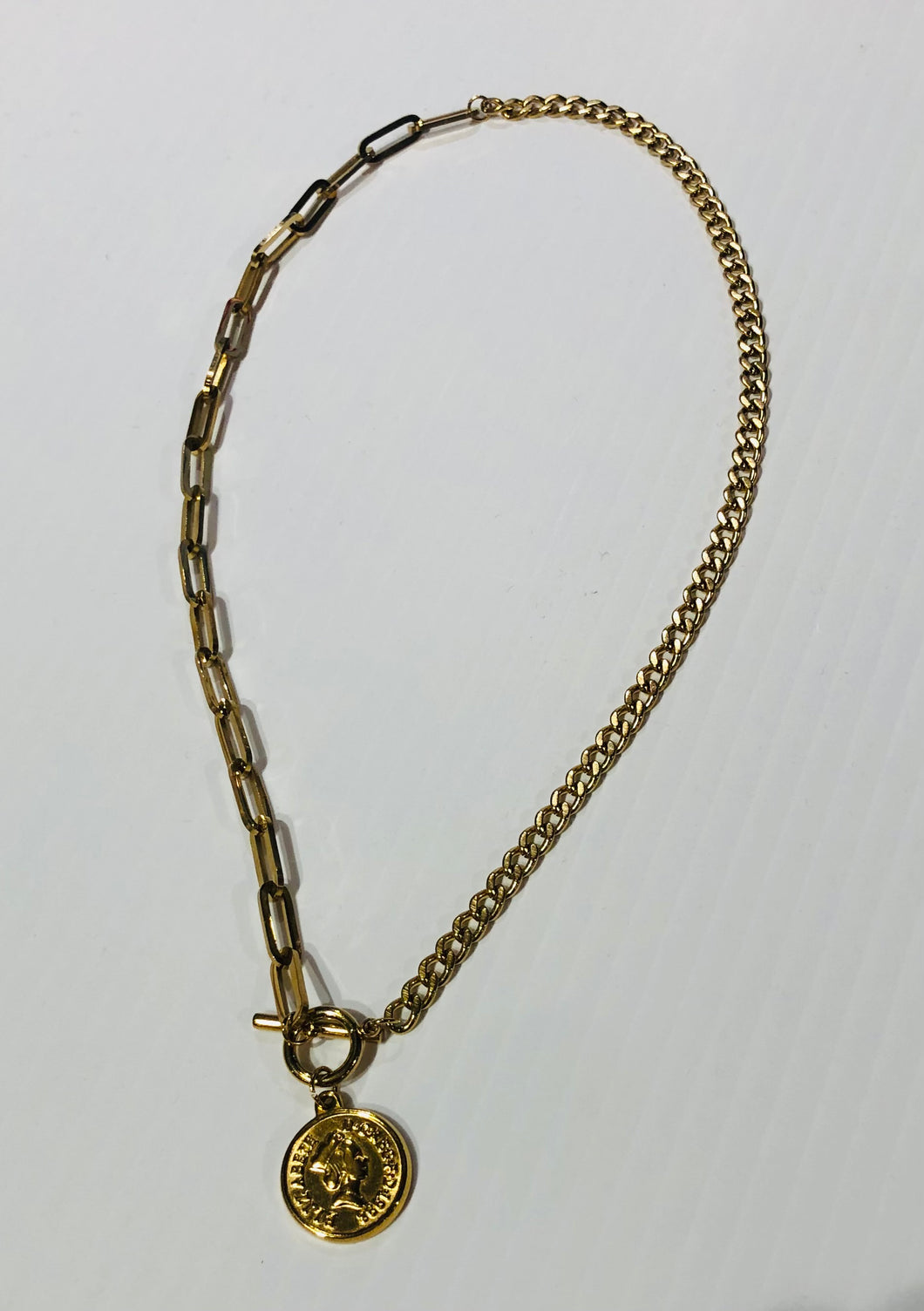 Queen Gold Coin Necklace with Chain and paperclip duo Chain