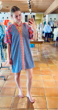 Load image into Gallery viewer, Morgan Blue and white stripe with Orange floral embroidered Sleeve and Trimmed Dress
