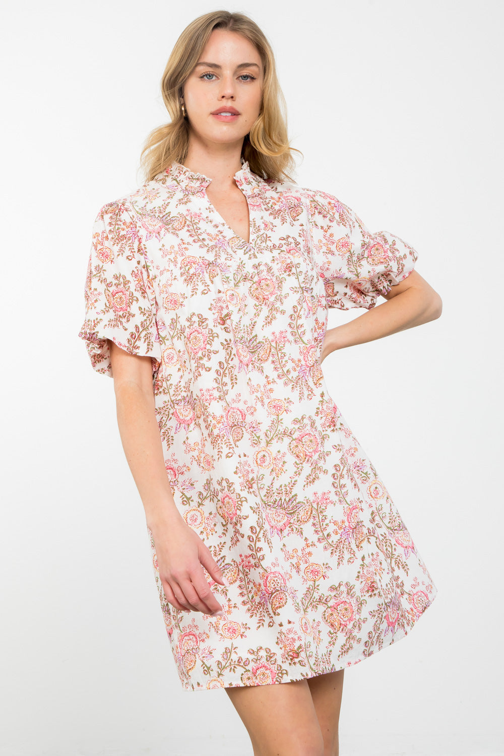 Fran Pink and Yellow Floral Puff Sleeve Dress