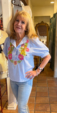 Load image into Gallery viewer, Sammy Blue and White stripe with floral embrodery and puff sleeve
