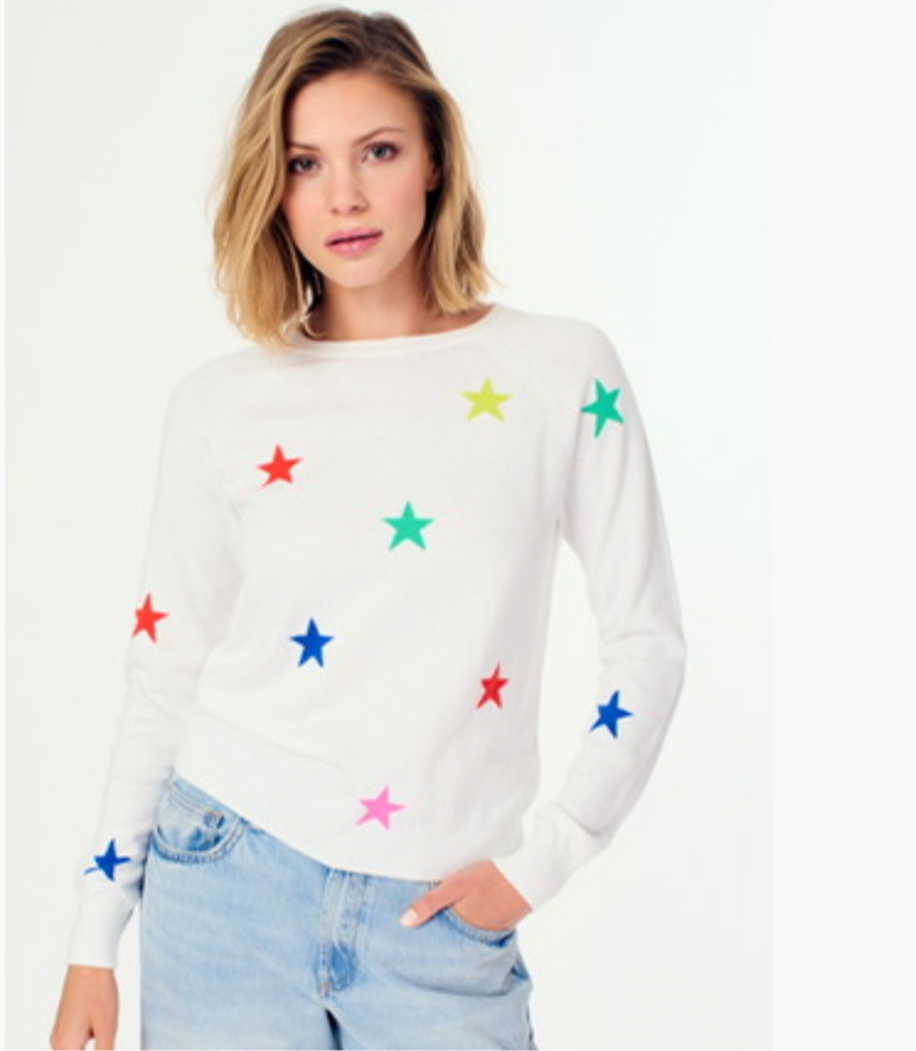 Super Star White Sweater with Multi Colored Stars