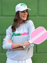 Load image into Gallery viewer, Pickelballer Grey Sweatshirt with Green and Pink letters and detail
