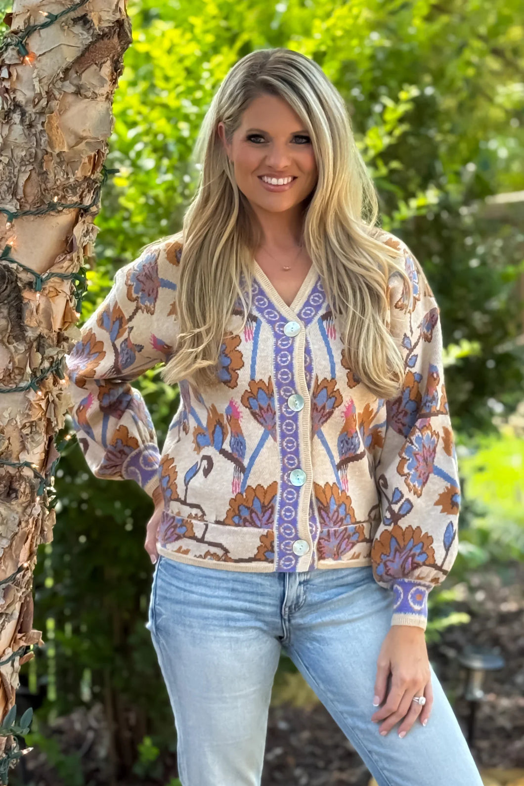 Becks Tan and Blue Floral Cardigan Sweater