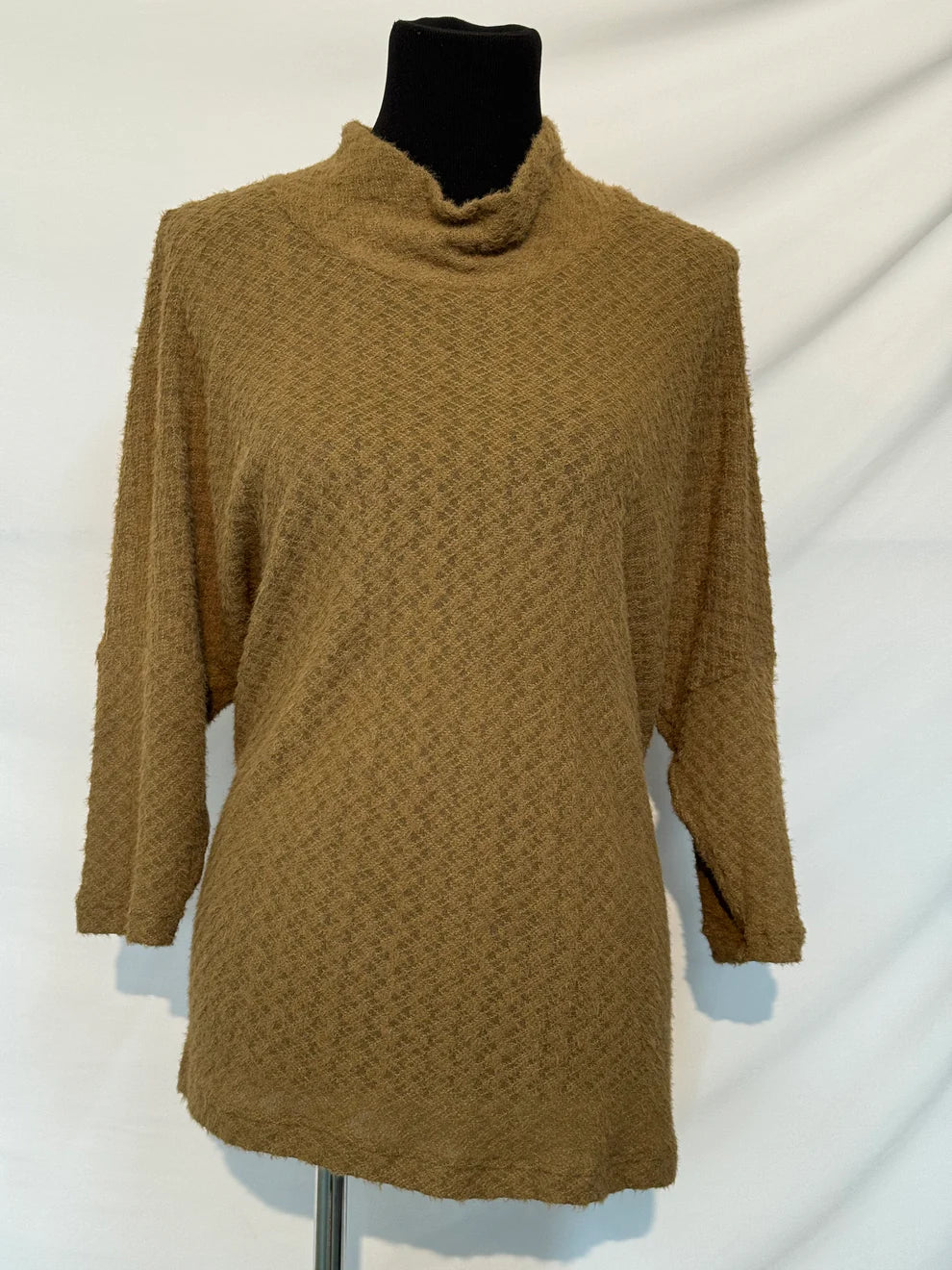 Blaine Camel Fleece-like Mock Turtle Neck with Button Back Top