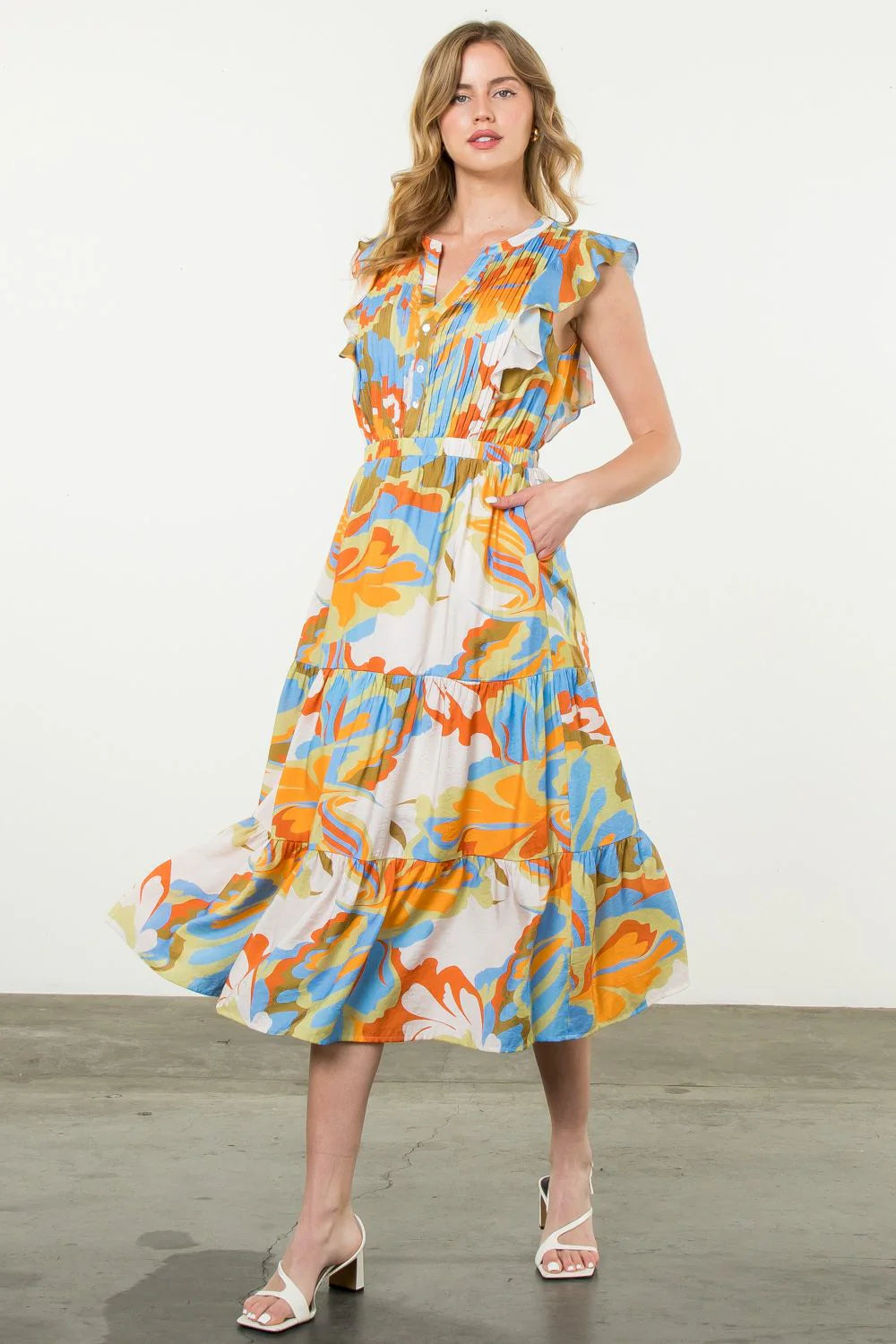 Trudy Flutter Sleeve Tiered Multi Colored Dress