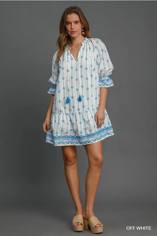 Naomi white  with Blue Embroiedered A Line Dress with Tassel Tie