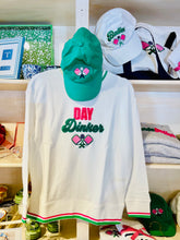 Load image into Gallery viewer, Day Dinker White Sweatshirt with Pink and Green Lettering and Detail
